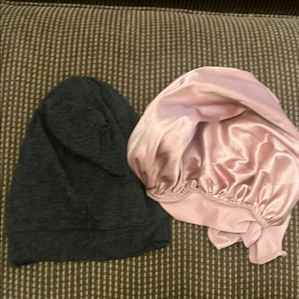 Gray Beanie with satin interior and Pink Satin Hair Bonnets